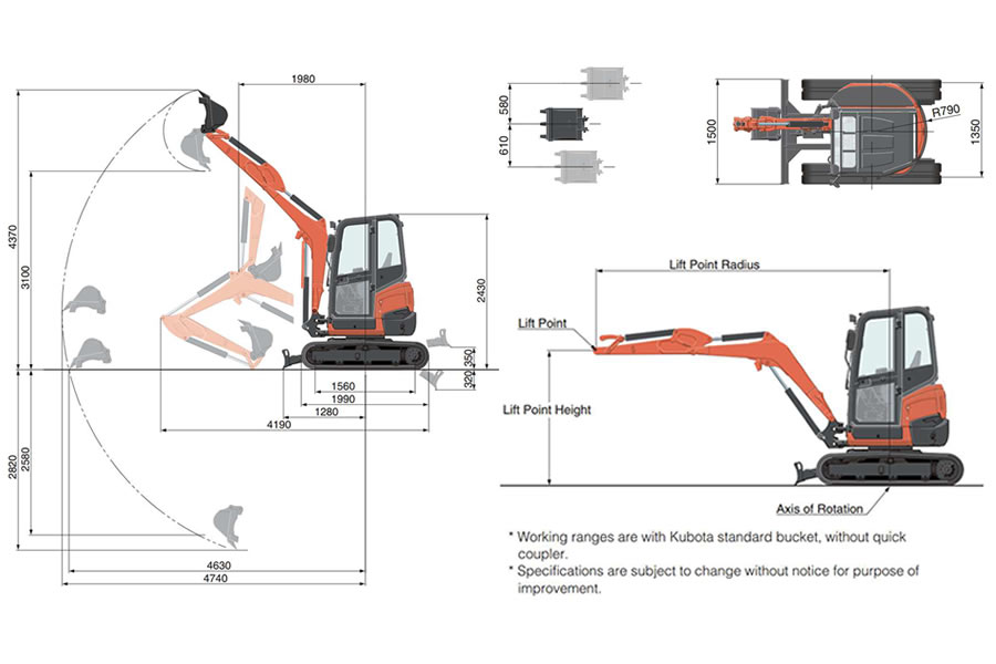 Kubota U27.4 - 2.6 Ton Mini Excavator Detail View